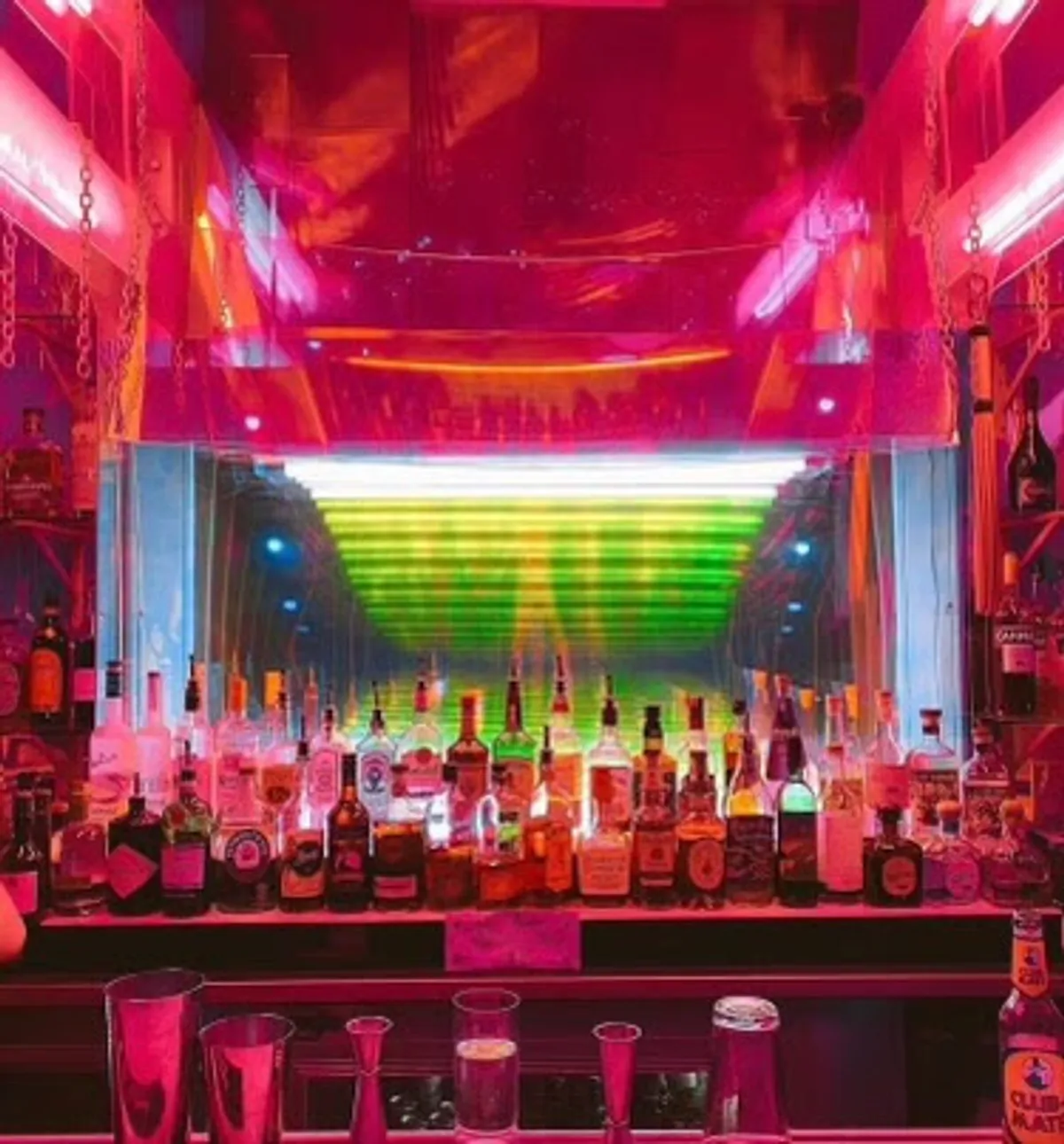 Interior view of Pink Metal bar in Brooklyn with colorful lighting and decor