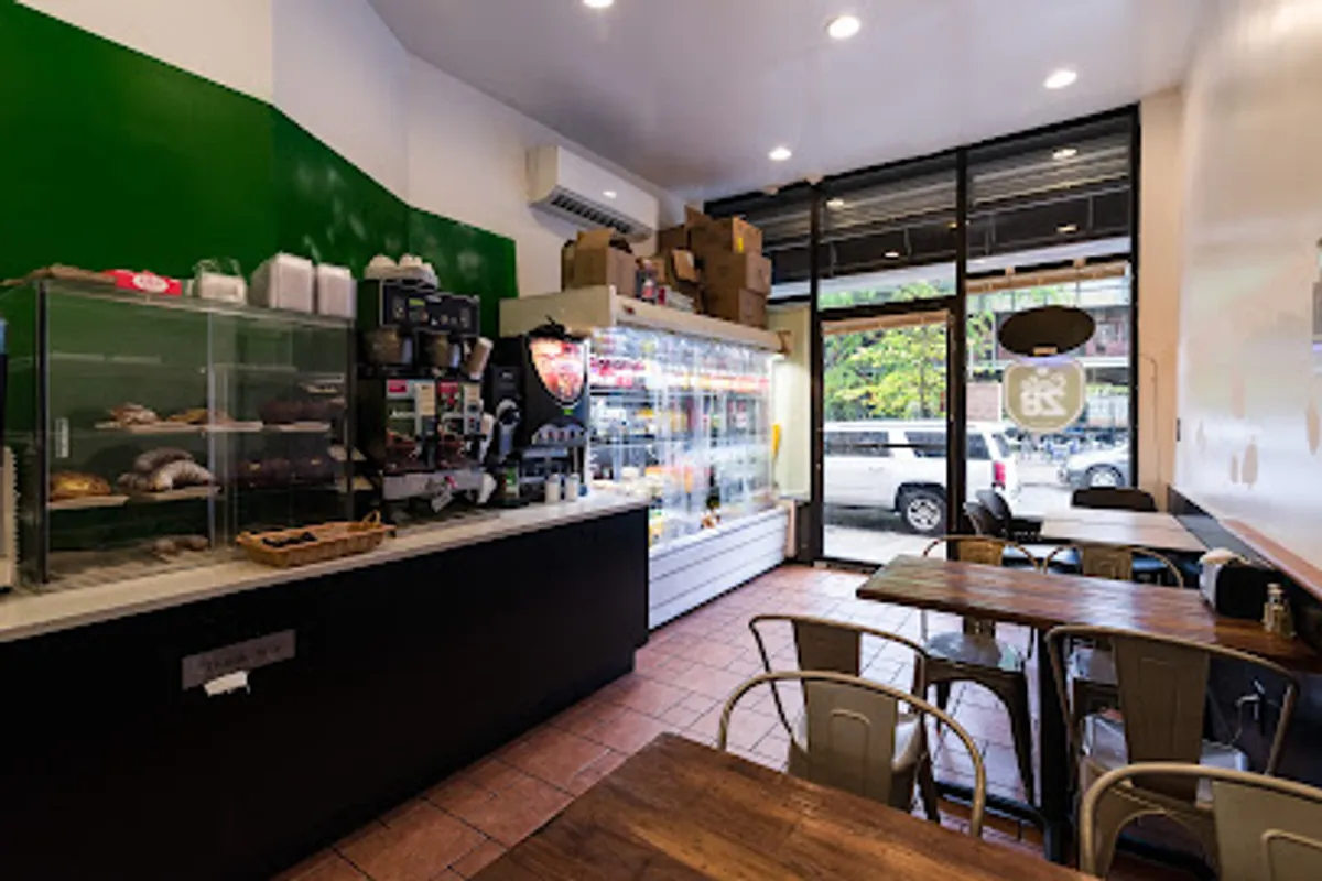 Interior view of Café 28, a cozy kosher café in Williamsburg, Brooklyn